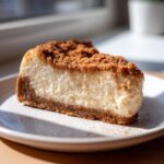 A thick slice of creamy snickerdoodle cheesecake featuring a graham cracker crust and a generous cinnamon crumb topping.