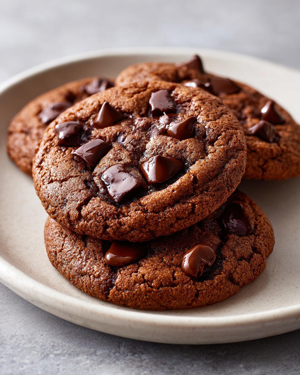 Close-up of three rich, dark chocolate pudding cookies stacked on a light plate, featuring visible melted chocolate chips.