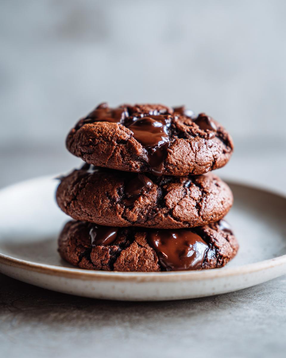 A stack of three rich, dark chocolate pudding cookies topped with gooey, melted chocolate.