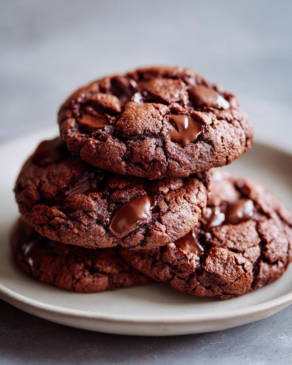 A stack of four soft, dark chocolate pudding cookies loaded with melted chocolate chips.