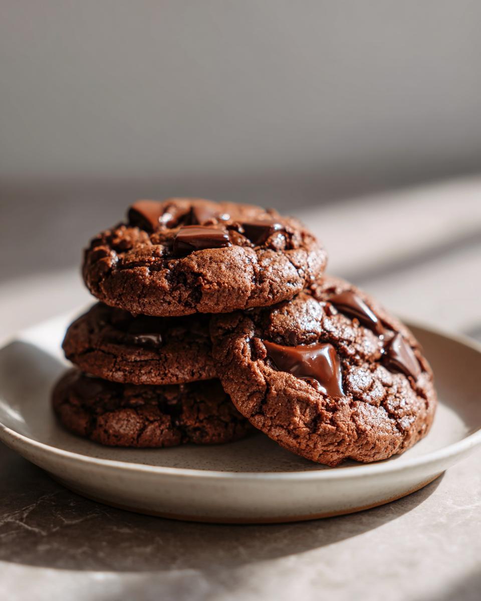 A stack of four rich, dark chocolate pudding cookies topped with melted chocolate chunks on a light plate.