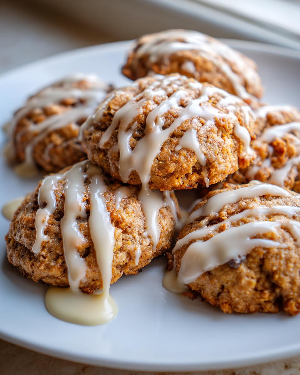 A close-up of several soft persimmon cookies stacked on a white plate, generously drizzled with a thick vanilla glaze.