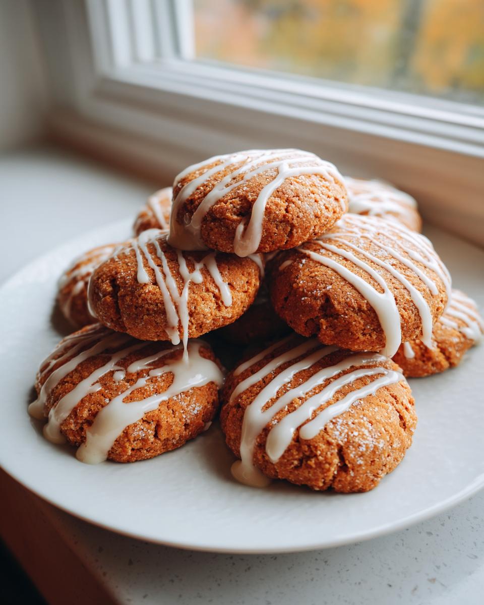 A stack of soft, spiced persimmon cookies drizzled with white icing, set near a window.