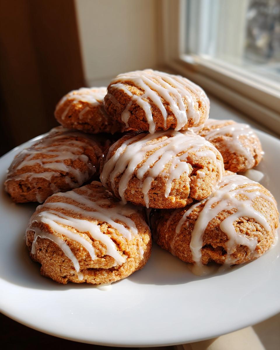 A pile of freshly baked, soft persimmon cookies drizzled with white vanilla icing, sitting on a white plate near a window.