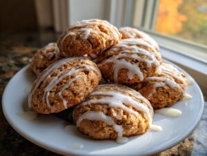 A pile of soft persimmon cookies drizzled generously with white vanilla icing, sitting on a white plate.