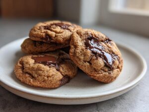 Close-up of soft pudding cookies stacked on a light plate, featuring gooey, melted chocolate chips.