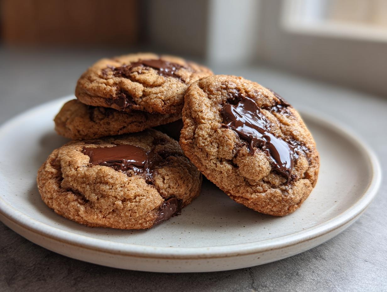 Close-up of soft pudding cookies stacked on a light plate, featuring gooey, melted chocolate chips.