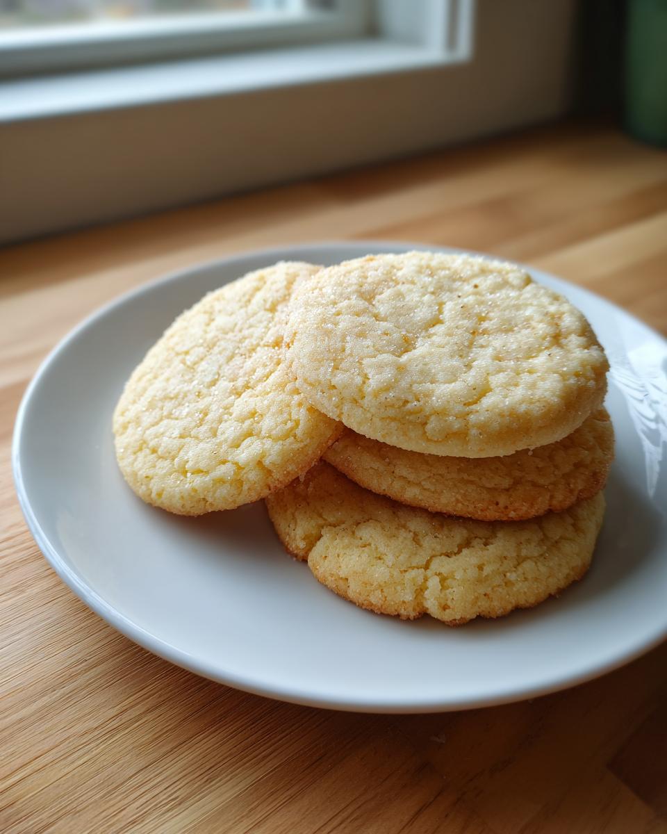 A stack of four golden, slightly crackled soft sugar cookies dusted with sugar on a white plate.