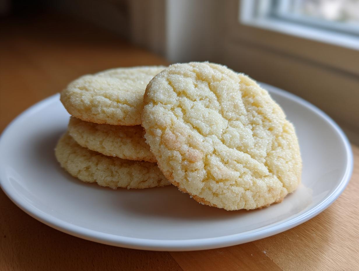 A stack of three perfectly round, soft sugar cookies coated in sparkling granulated sugar, resting on a white plate.
