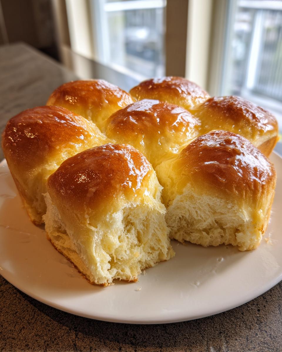 A cluster of six golden-brown sourdough discard rolls, brushed with butter, on a white plate.