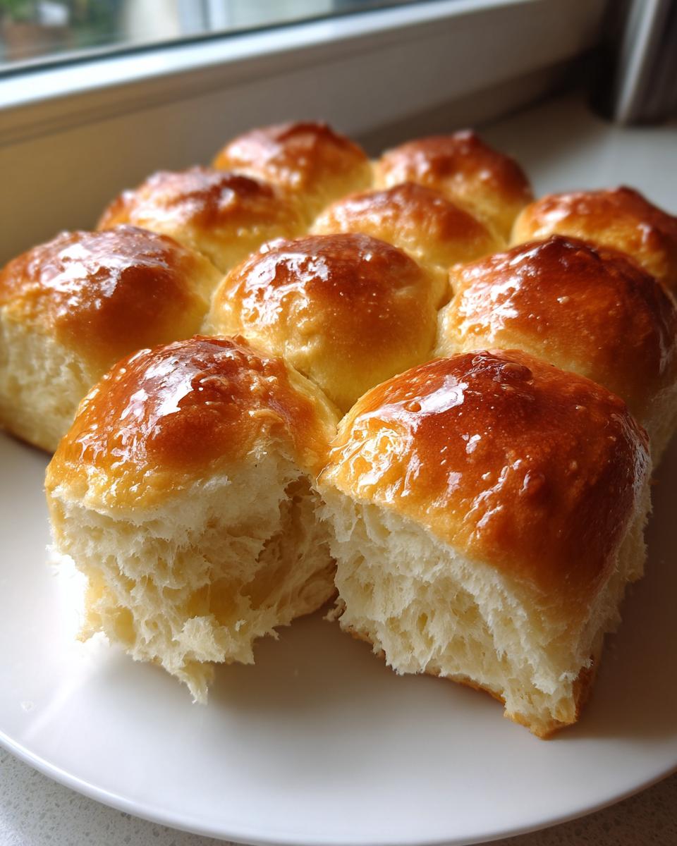 A batch of shiny, golden-brown sourdough discard rolls, one pulled apart showing the soft, fluffy interior.