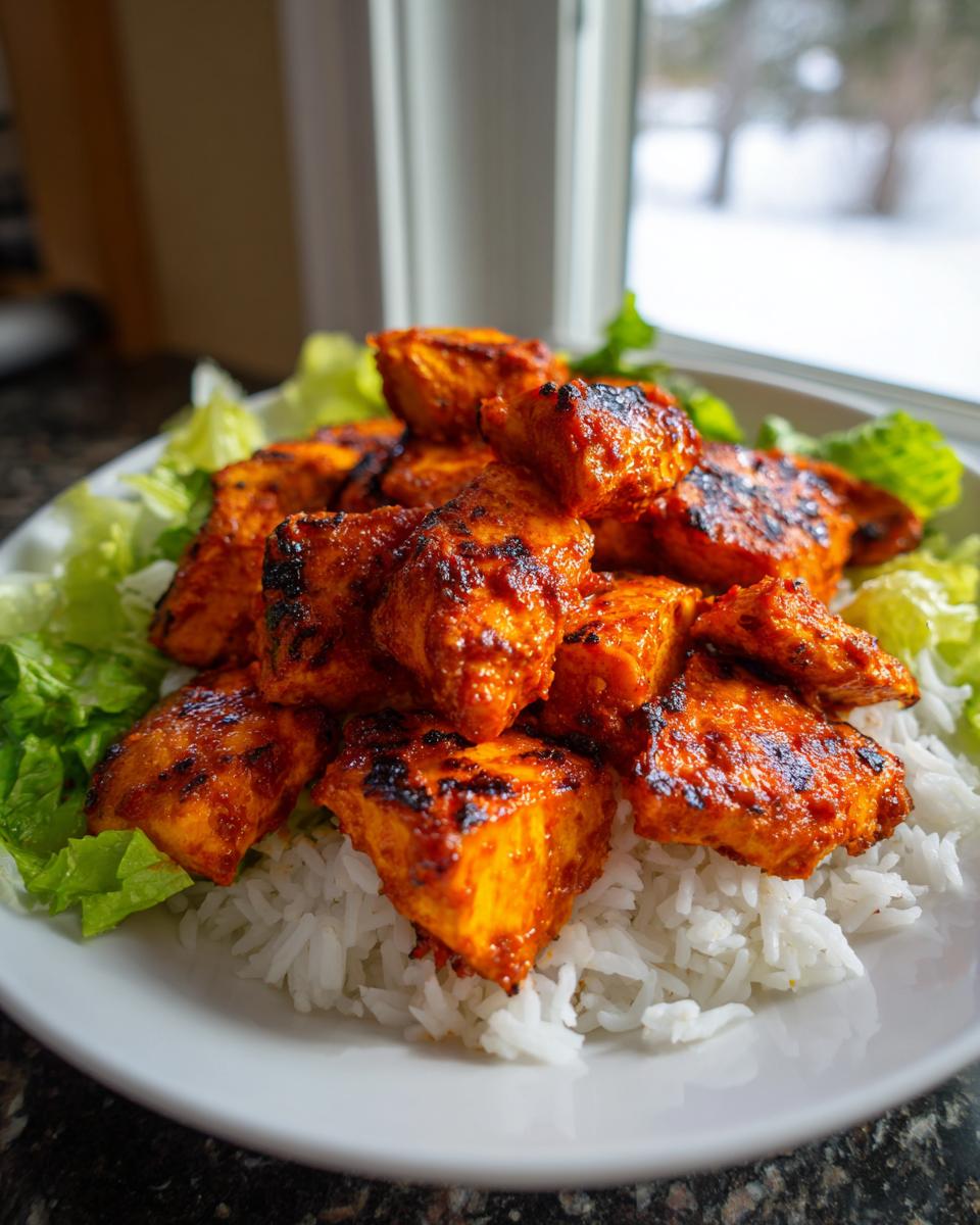 Close-up of vibrant, charred harissa chicken pieces piled on white rice and lettuce.