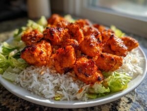 Close-up of bright orange, glazed harissa chicken pieces served over white rice and fresh lettuce.
