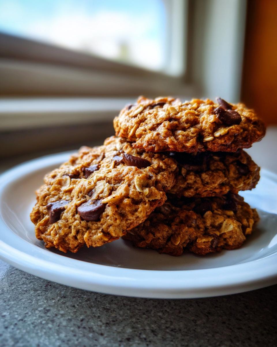 A stack of three textured banana oatmeal cookies loaded with chocolate chips, resting on a white plate.