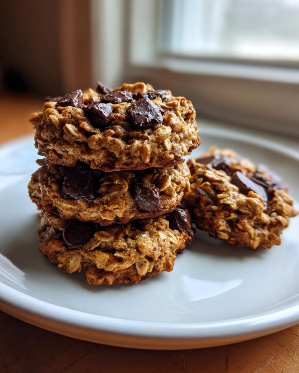 A stack of three moist banana oatmeal cookies topped with melted chocolate chips on a white plate.