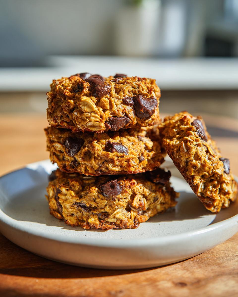 A stack of three thick, hearty breakfast cookie fuel boosts loaded with visible oats and dark chocolate chips.