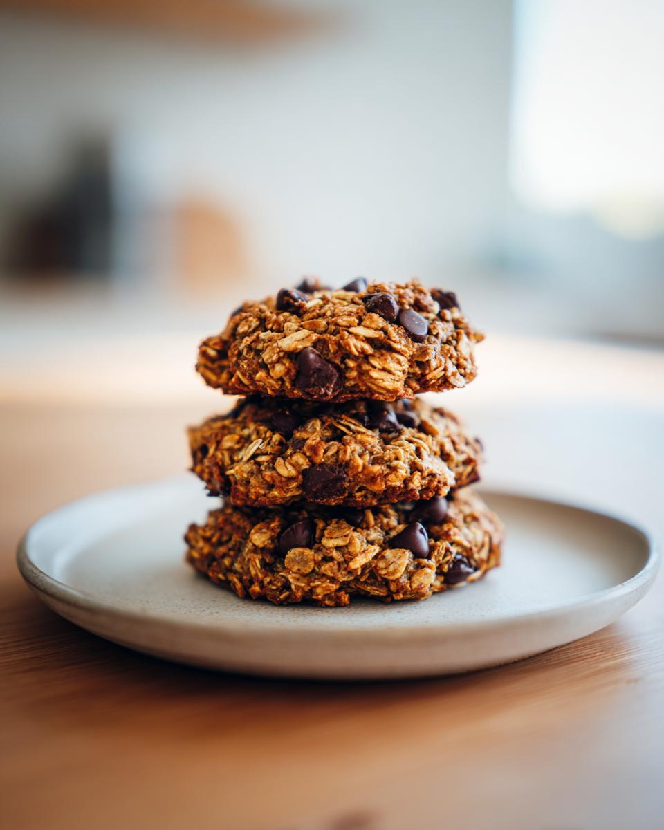 Three stacked, hearty oatmeal chocolate chip breakfast cookie fuel boosts resting on a light ceramic plate.