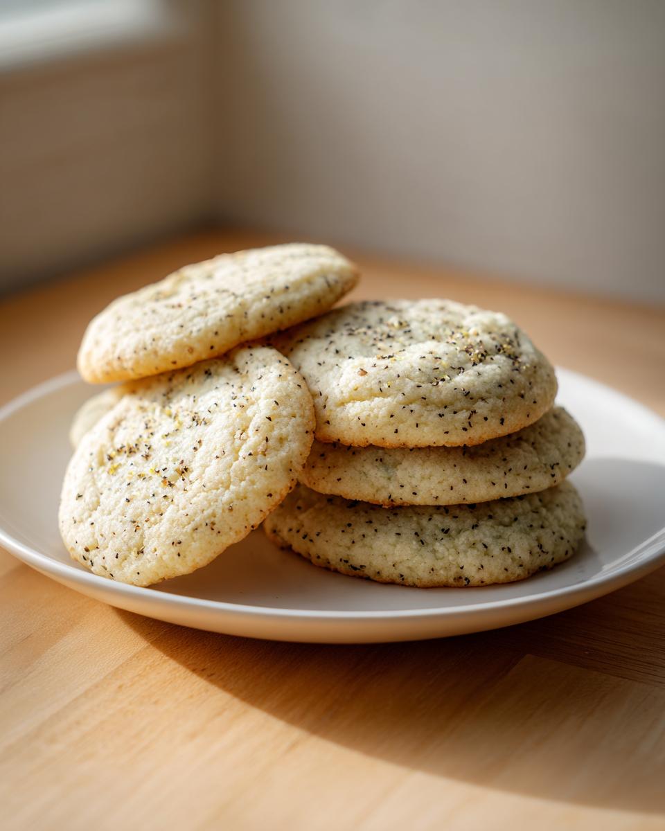 A stack of five light-colored Earl Grey cookies speckled with tea leaves, resting on a white plate.