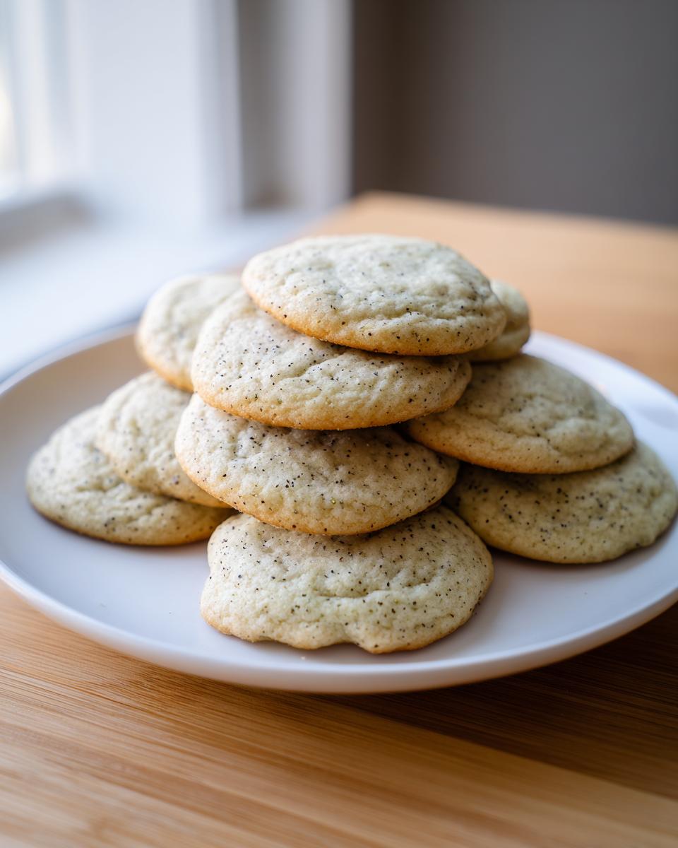 A stack of freshly baked, light-colored earl grey cookies speckled with tea leaves on a white plate.