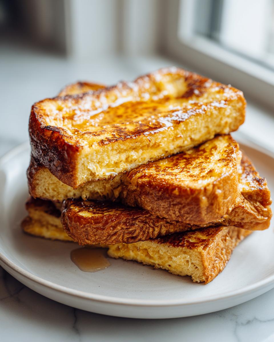 A tall stack of golden brown, syrup-drizzled easy french toast slices dusted with powdered sugar on a light plate.