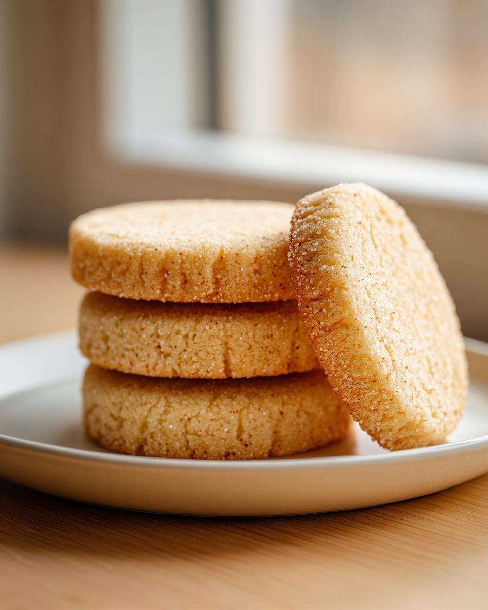 A stack of three thick, round soft sugar cookies, with one leaning against the stack, coated in sparkling sugar.