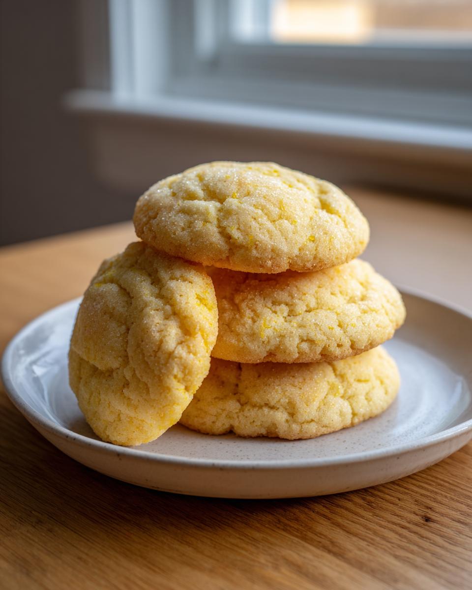A stack of four thick, yellow soft sugar cookies coated in sparkling sugar, resting on a light plate.