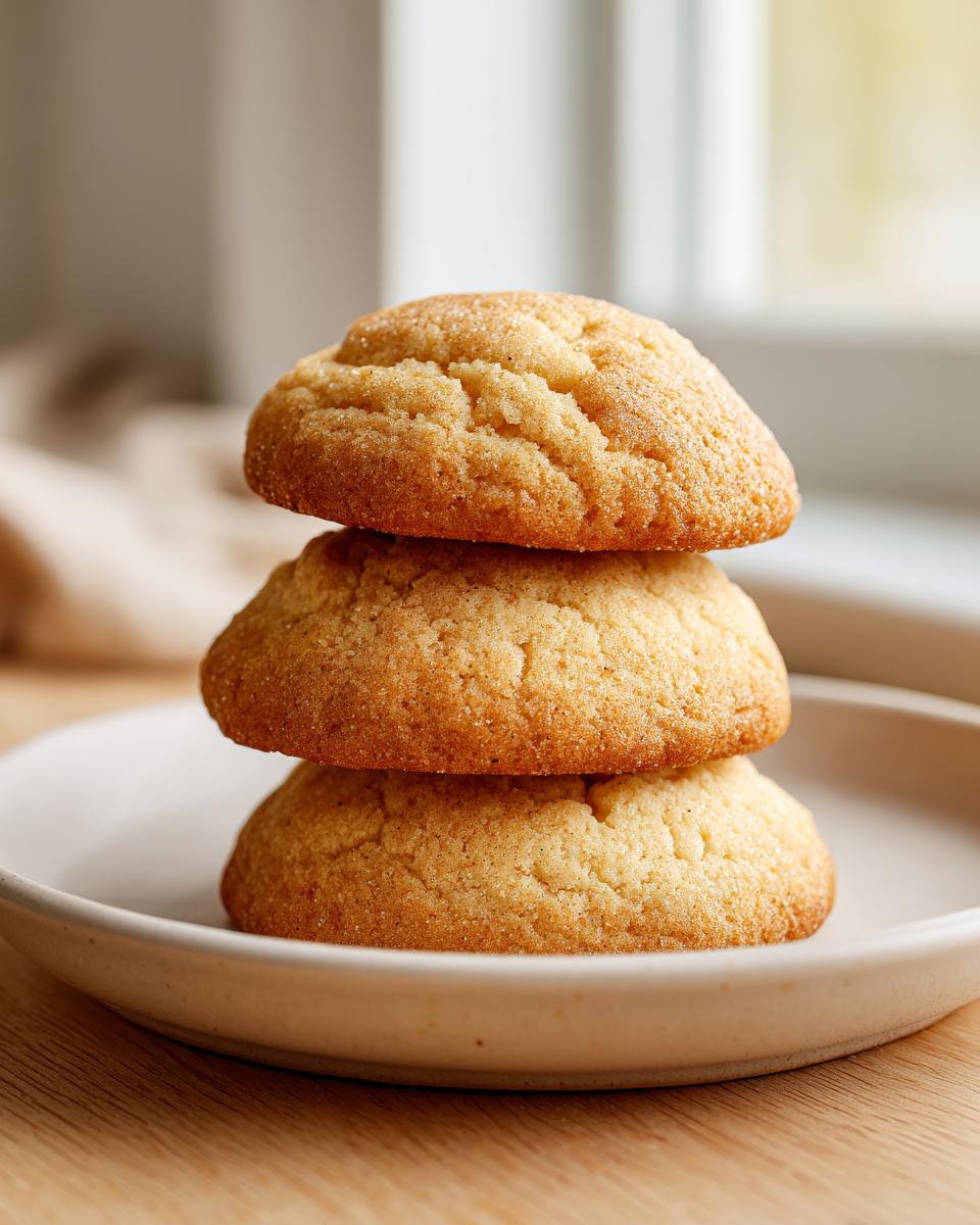 Three perfectly baked, dome-shaped soft sugar cookies stacked on a small, light-colored plate.