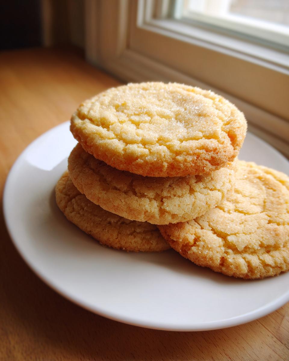 A stack of three golden brown sugar cookie treats dusted with sugar, resting on a white plate near a bright window.