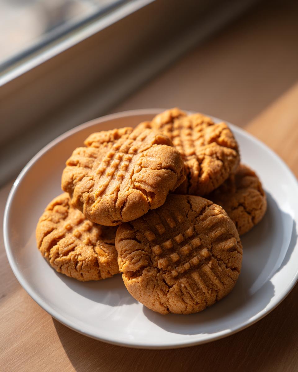 A stack of five freshly baked peanut butter cookies with classic crisscross fork marks, resting on a white plate.