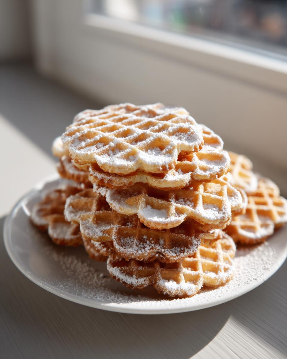 A tall stack of golden pizzelle cookies dusted heavily with powdered sugar, resting on a white plate near a window.