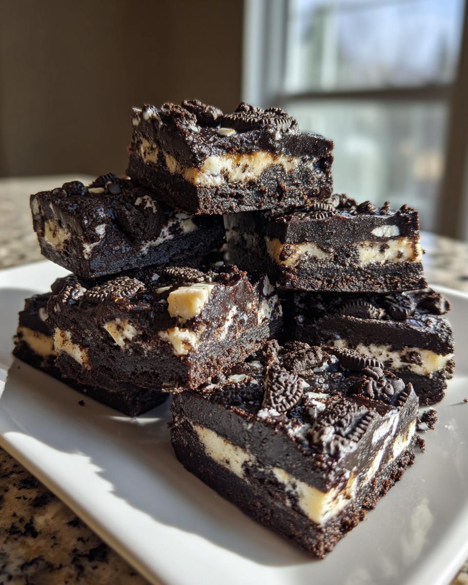 A stack of rich, dark chocolate Oreo fudge squares with a creamy white center, topped with crushed cookies.