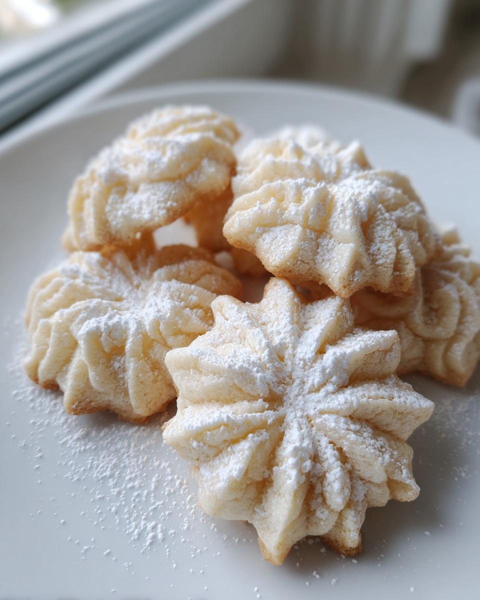 A pile of star-shaped whipped shortbread cookies dusted heavily with powdered sugar on a white plate.