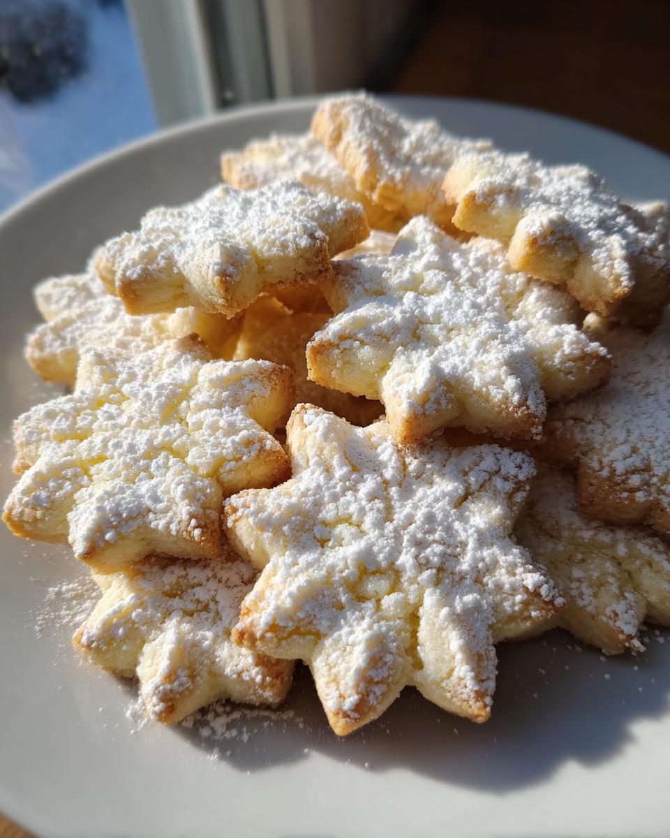 A pile of golden, star-shaped whipped shortbread cookies heavily dusted with white powdered sugar on a white plate.