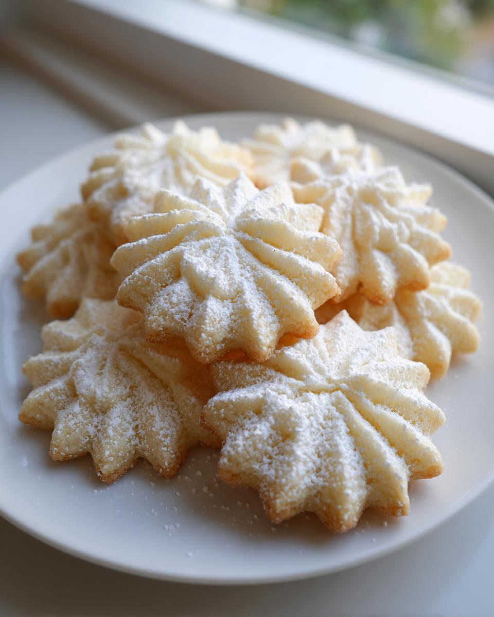A pile of star-shaped whipped shortbread cookies dusted generously with powdered sugar on a white plate.
