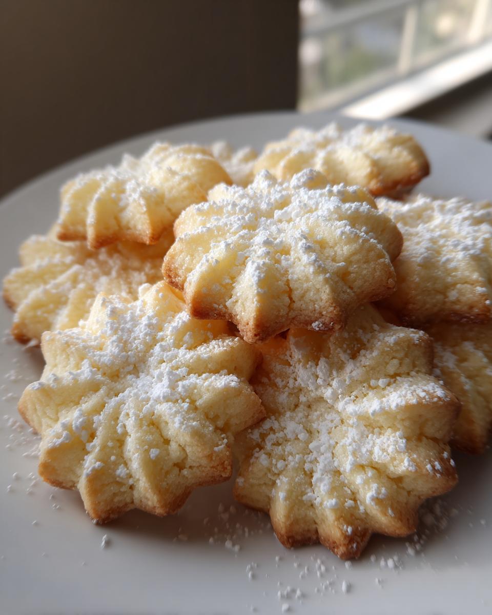 A pile of star-shaped whipped shortbread cookies dusted generously with white powdered sugar on a white plate.