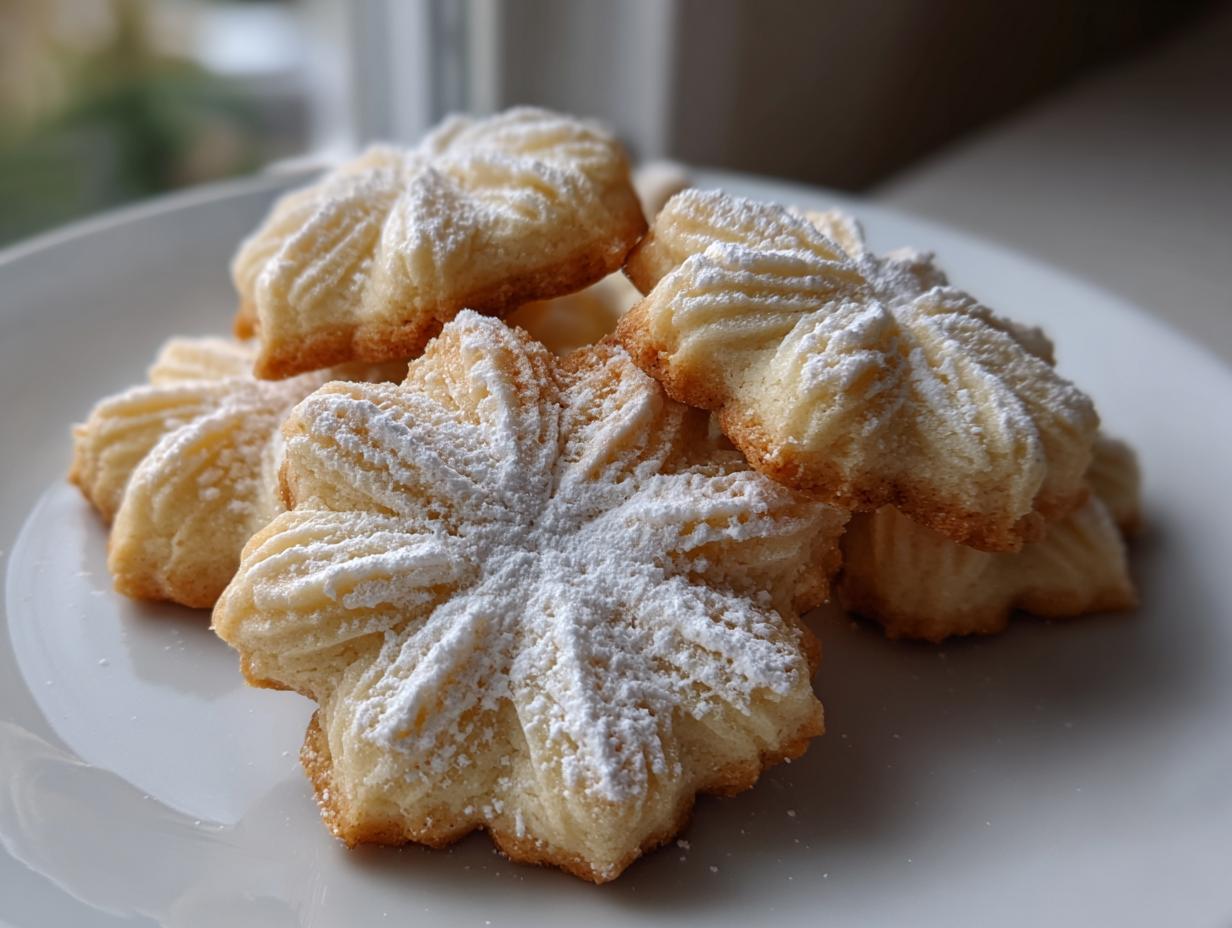 A stack of light, star-shaped whipped shortbread cookies dusted generously with powdered sugar on a white plate.