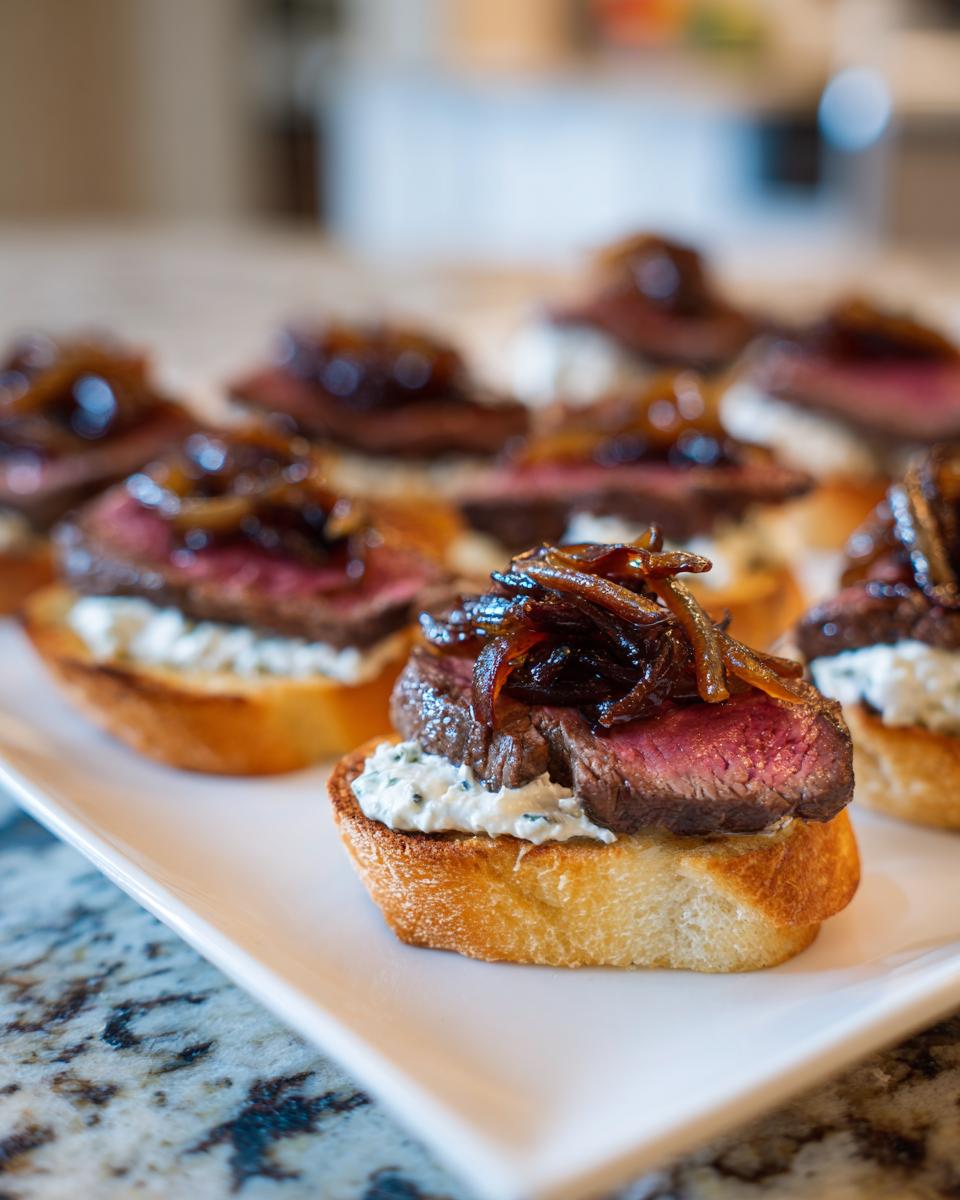 Close-up of several steak crostini appetizers topped with blue cheese spread and caramelized onions.