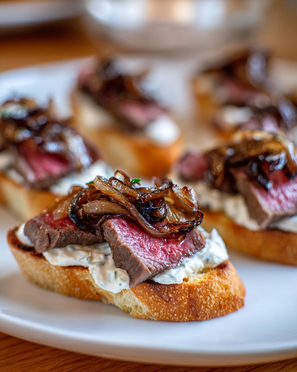 Close-up of a perfectly cooked steak crostini topped with creamy spread and caramelized onions.