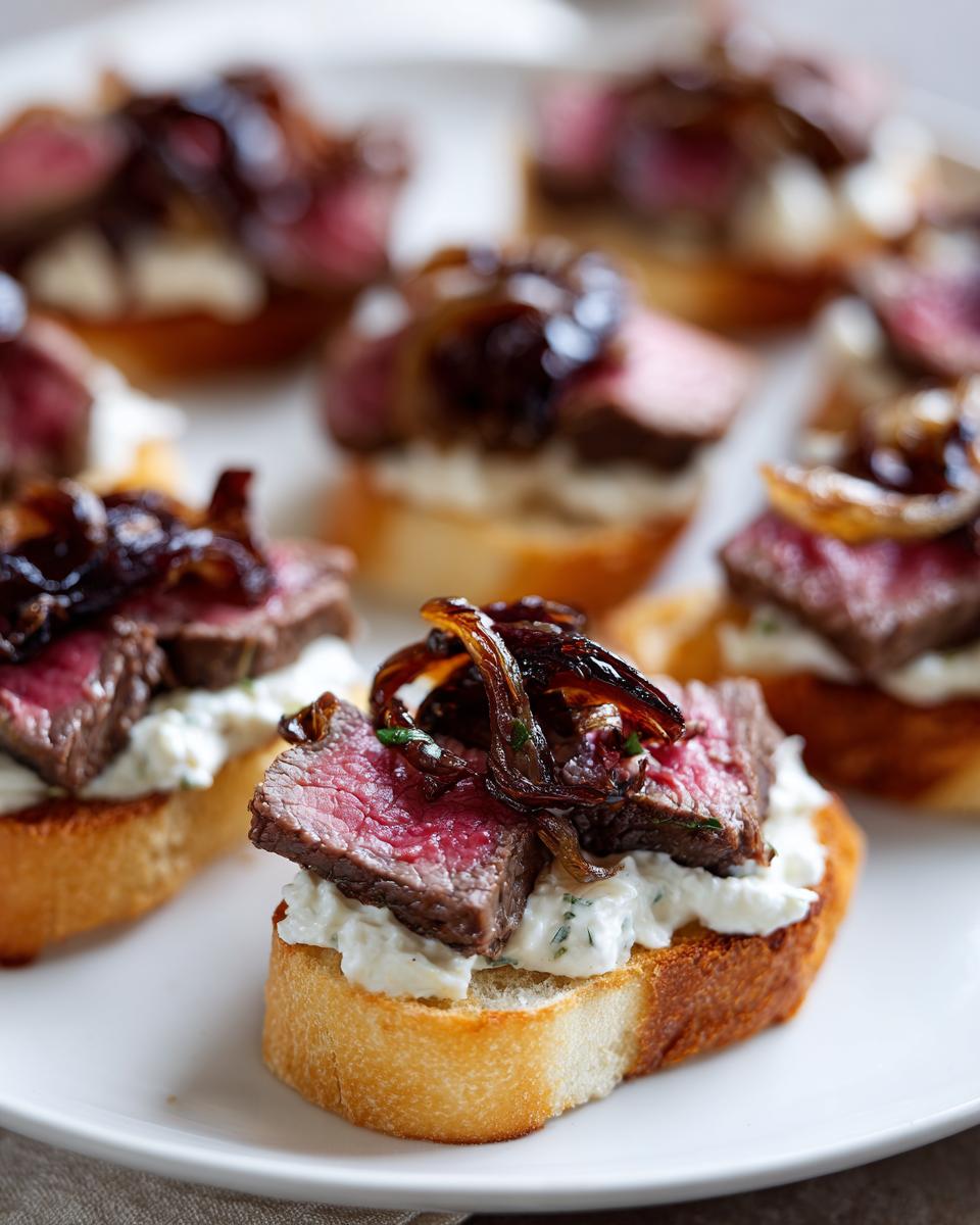 Close-up of several steak crostini appetizers topped with rare steak, creamy cheese, and caramelized onions.
