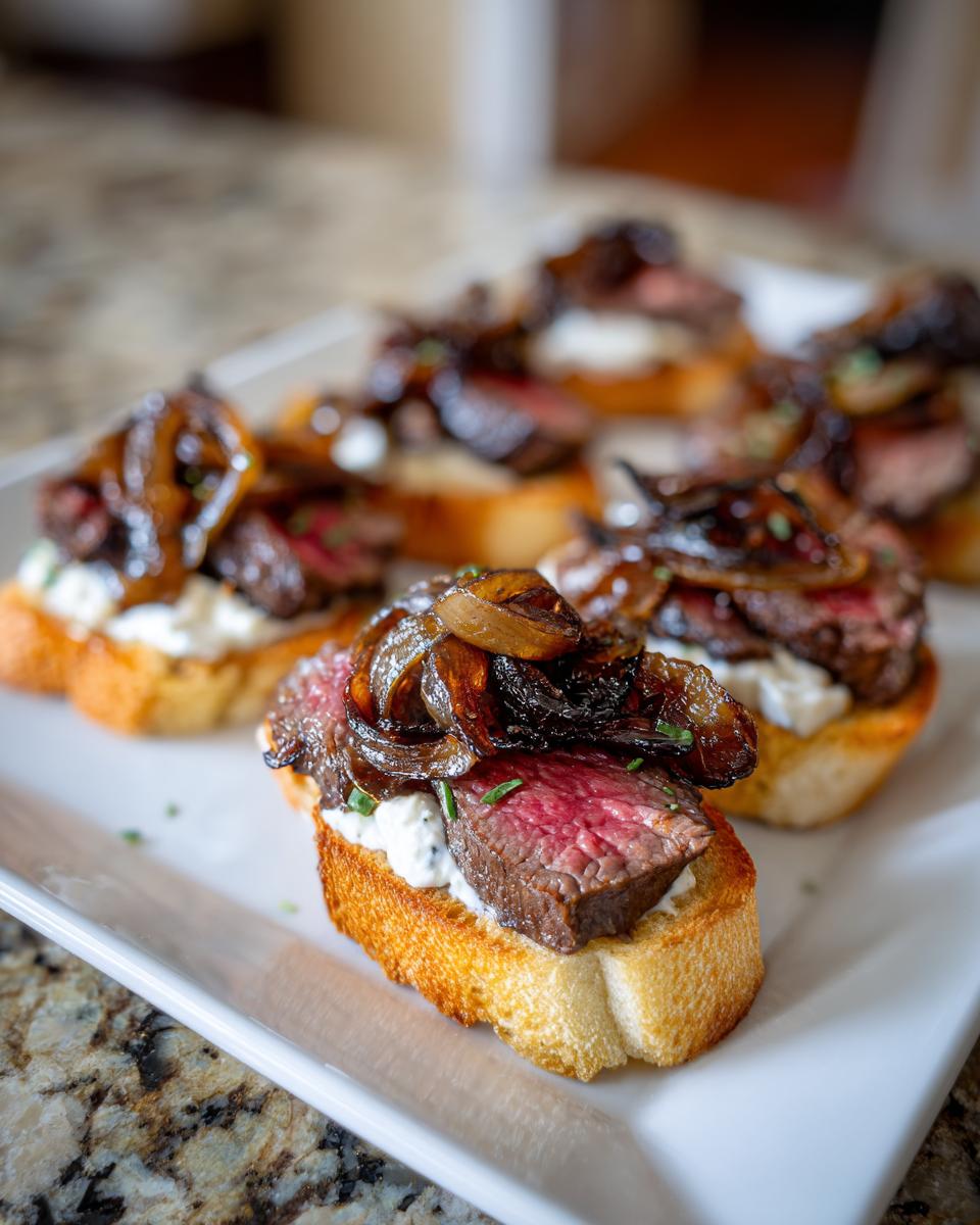 Close-up of perfectly cooked steak crostini topped with creamy cheese and caramelized onions.