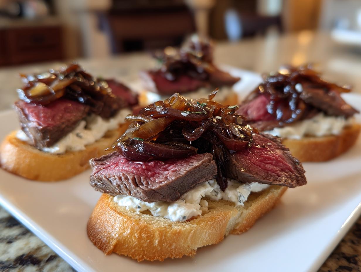 Close-up of several steak crostini topped with rare steak, creamy cheese, and caramelized onions.