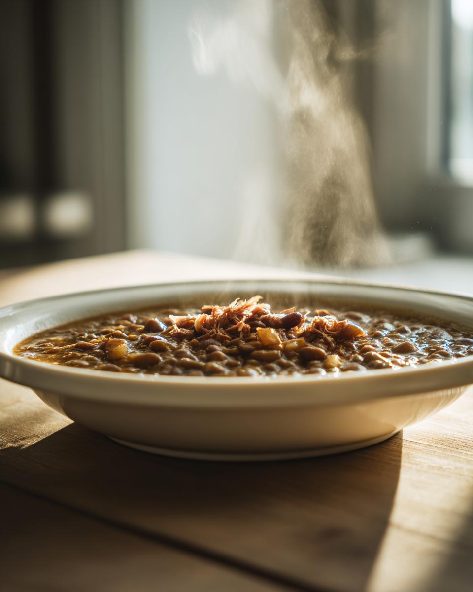 A close-up of a steaming white bowl filled with hearty 15-bean soup, topped with crispy onions, sitting on a sunlit wooden table.