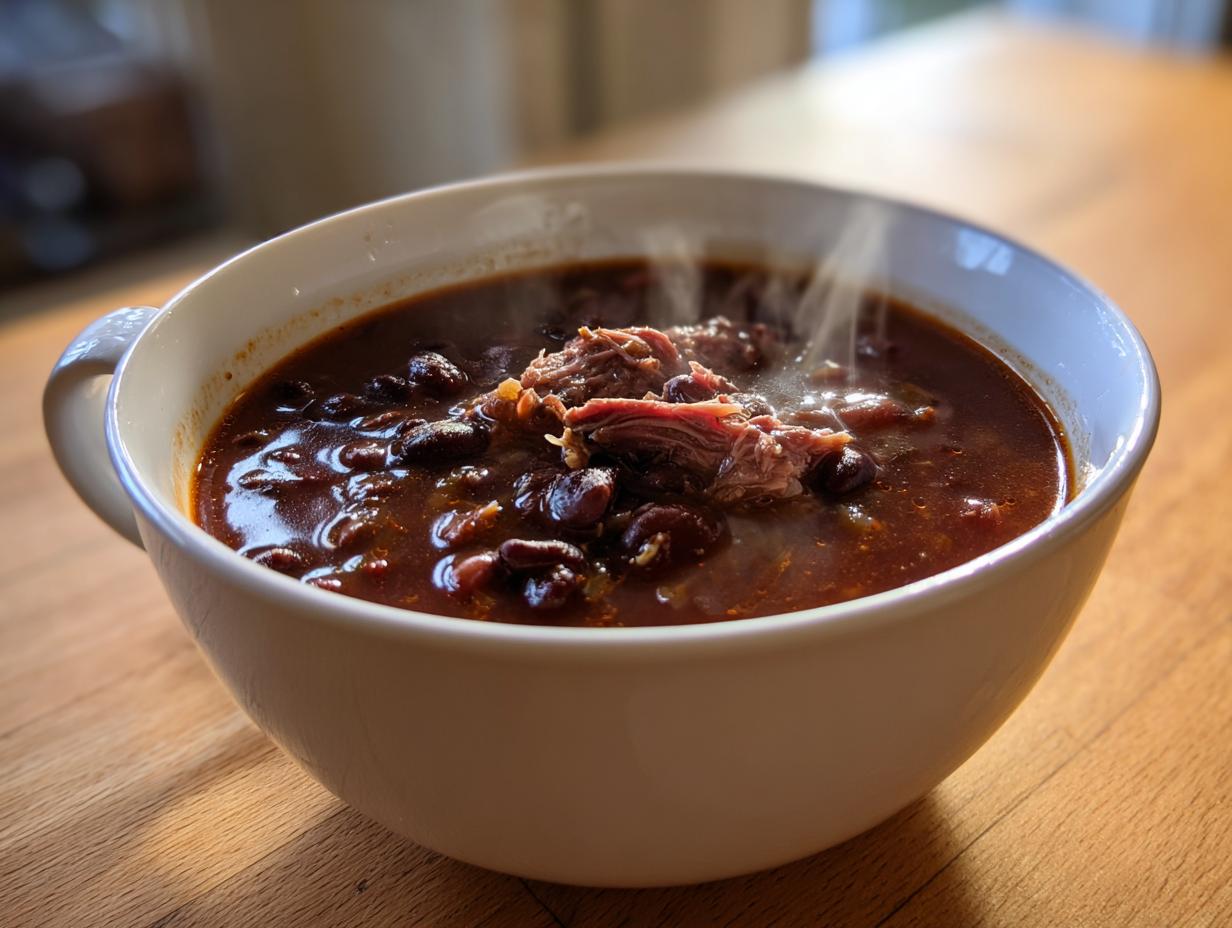 A steaming white mug filled with rich, dark 15-bean soup topped with shredded meat, sitting on a wooden table.