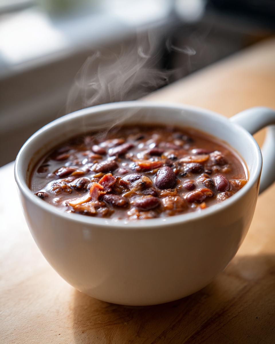 Close-up of a steaming white mug filled with rich, dark Amazing 15-Bean Soup on a wooden surface.