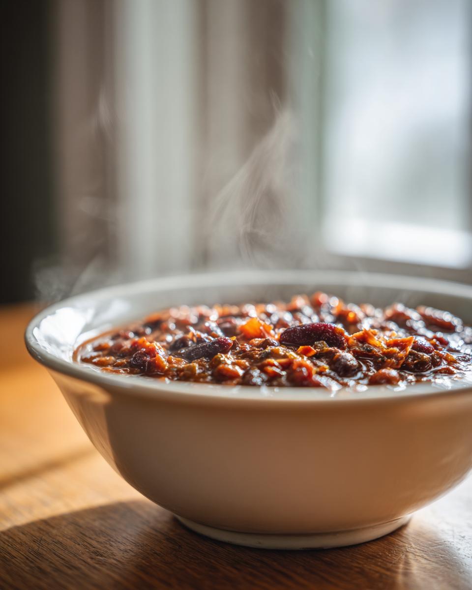 Close-up of a steaming white bowl filled with rich, dark Amazing 15-Bean Soup on a wooden table.