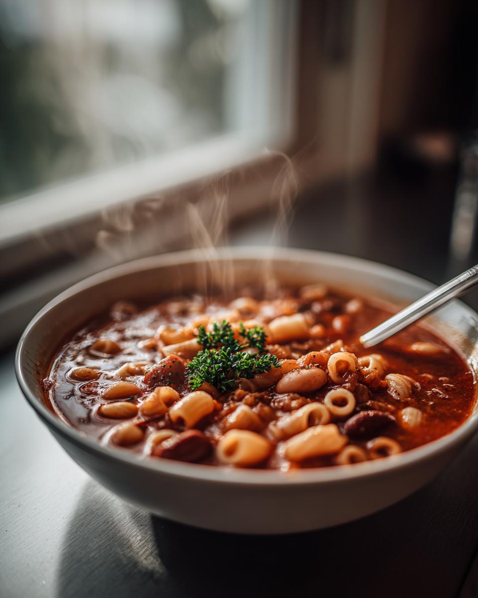 A close-up of a steaming white bowl filled with hearty pasta fagioli, garnished with fresh parsley.