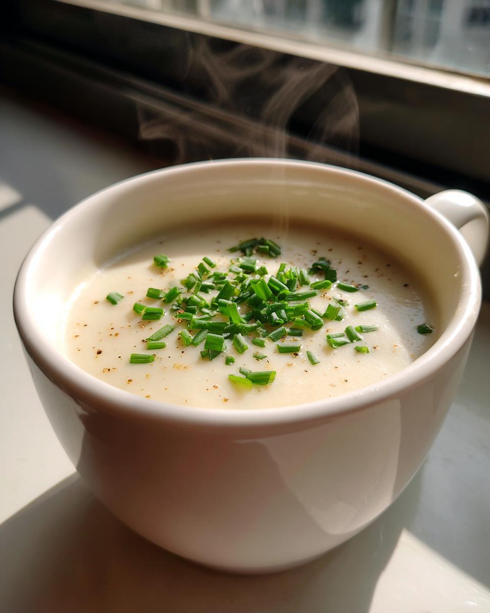 A close-up of a steaming white mug filled with creamy cauliflower soup, topped with freshly chopped chives and pepper.