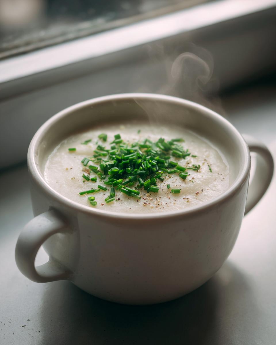 A close-up of a steaming white mug filled with creamy cauliflower soup, topped generously with fresh chopped chives and pepper.