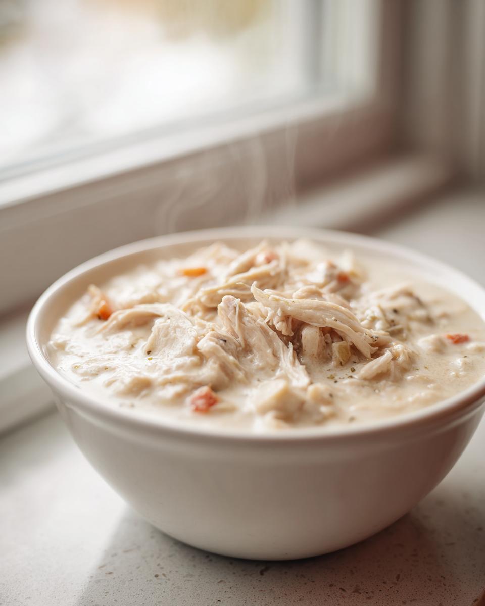 Close-up of a white bowl filled with steaming homemade cream of chicken soup topped with shredded chicken and carrots.