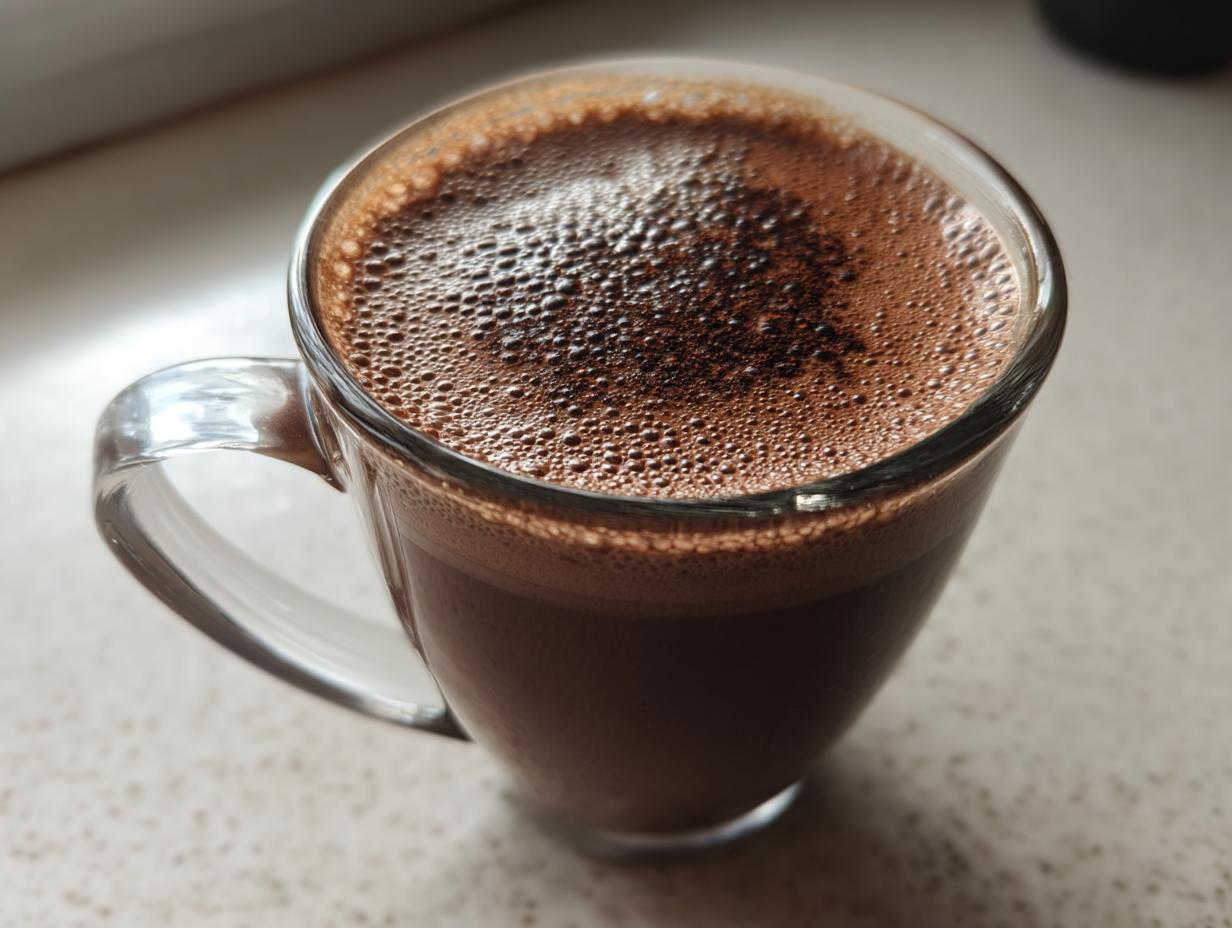 Close-up of a clear glass mug filled with rich, dark hot cocoa topped with foam, made from hot cocoa mix.